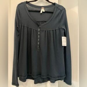 Free People Black Waffle Knit Long Sleeve Top